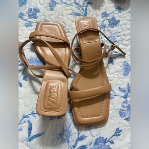 Zara Tan Strappy Square-Toe Ankle Wrap Sandals